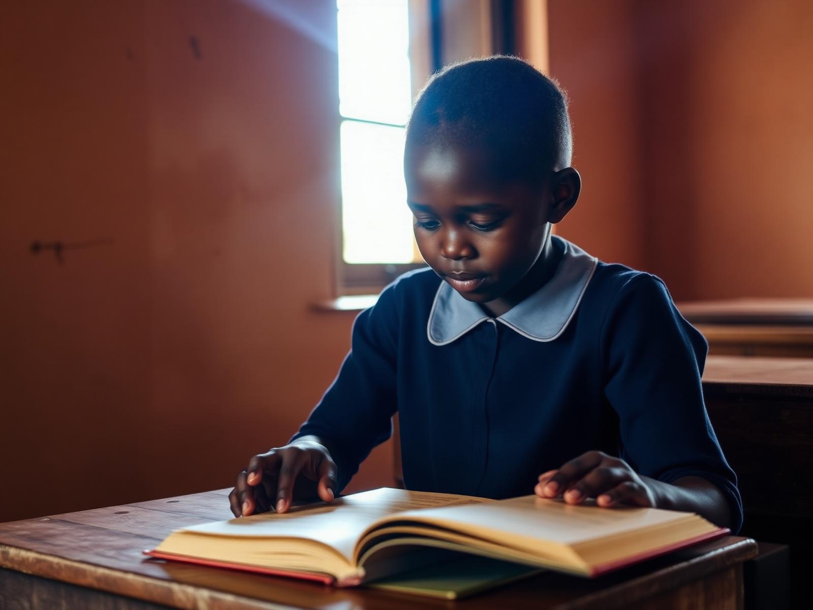 A student reading in a bright classroom