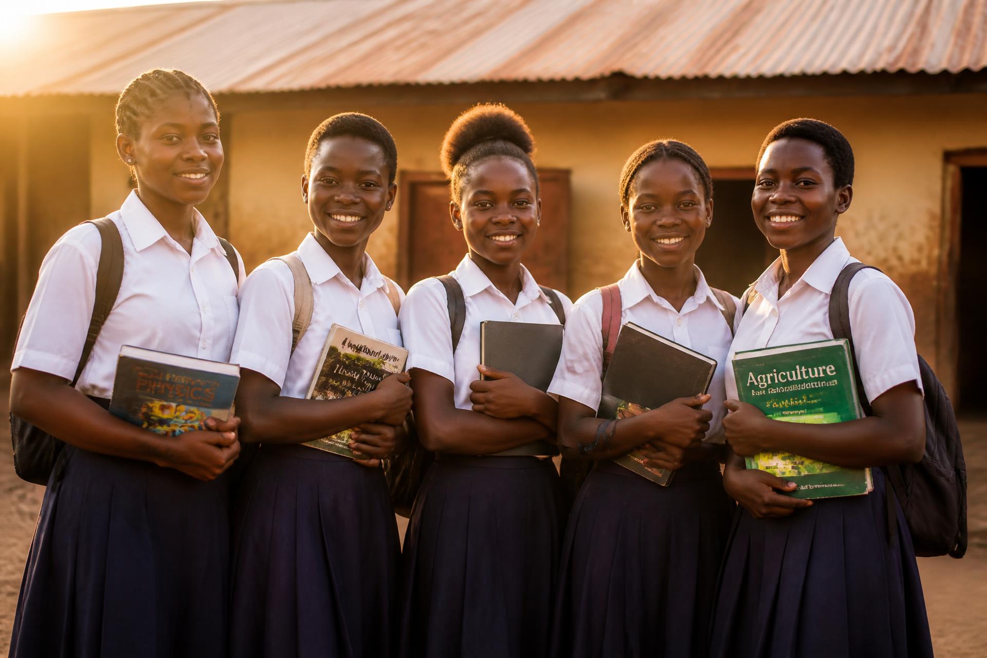 Girls holding books outside a school